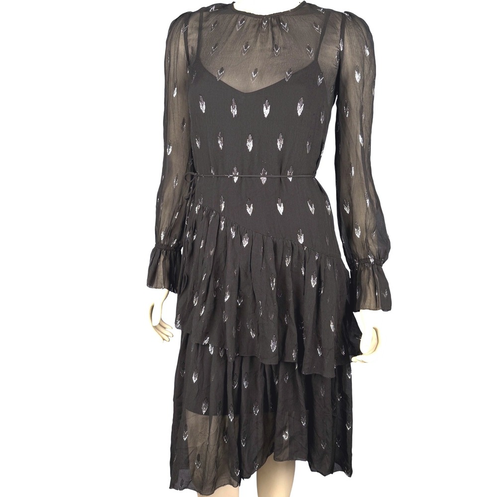 JOIE Black Dress Tiered Sheer Layers Asymmetrical Silk Blend Metallic Size XS